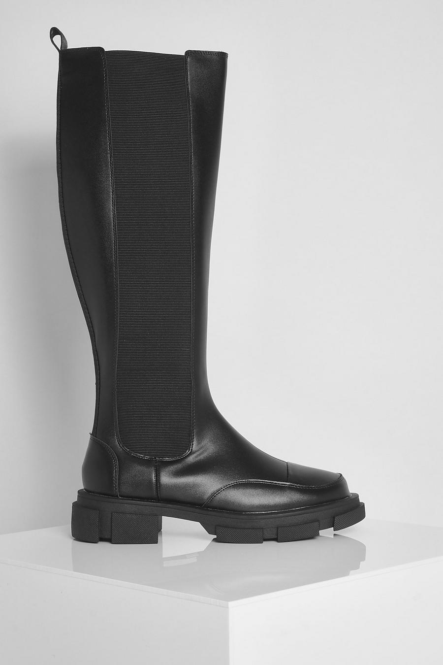 Black Chunky Knee High Chelsea Boots image number 1