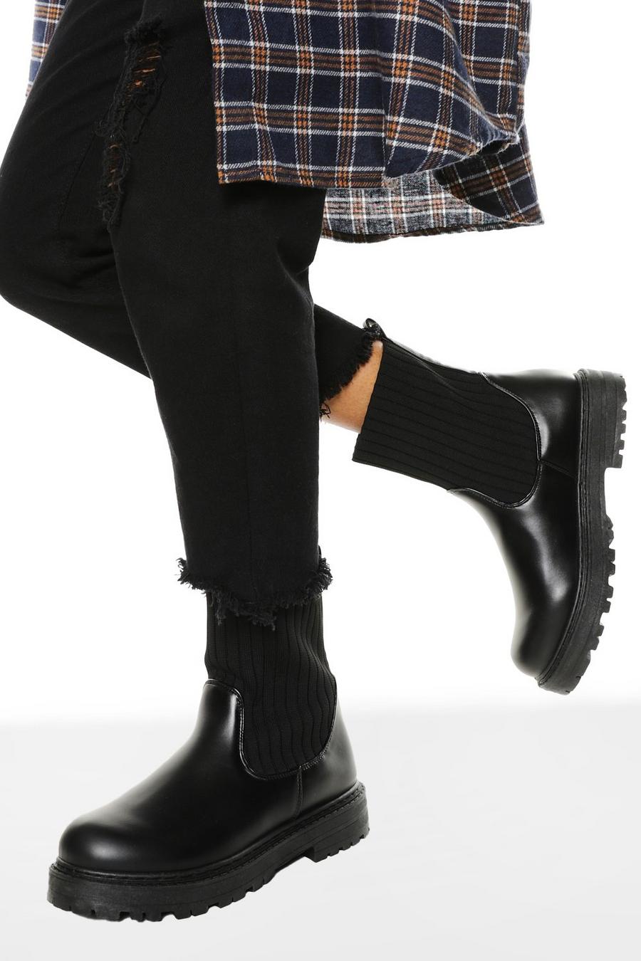 Stivaletto chelsea a calzata ampia con calza in maglia alla caviglia, Nero image number 1
