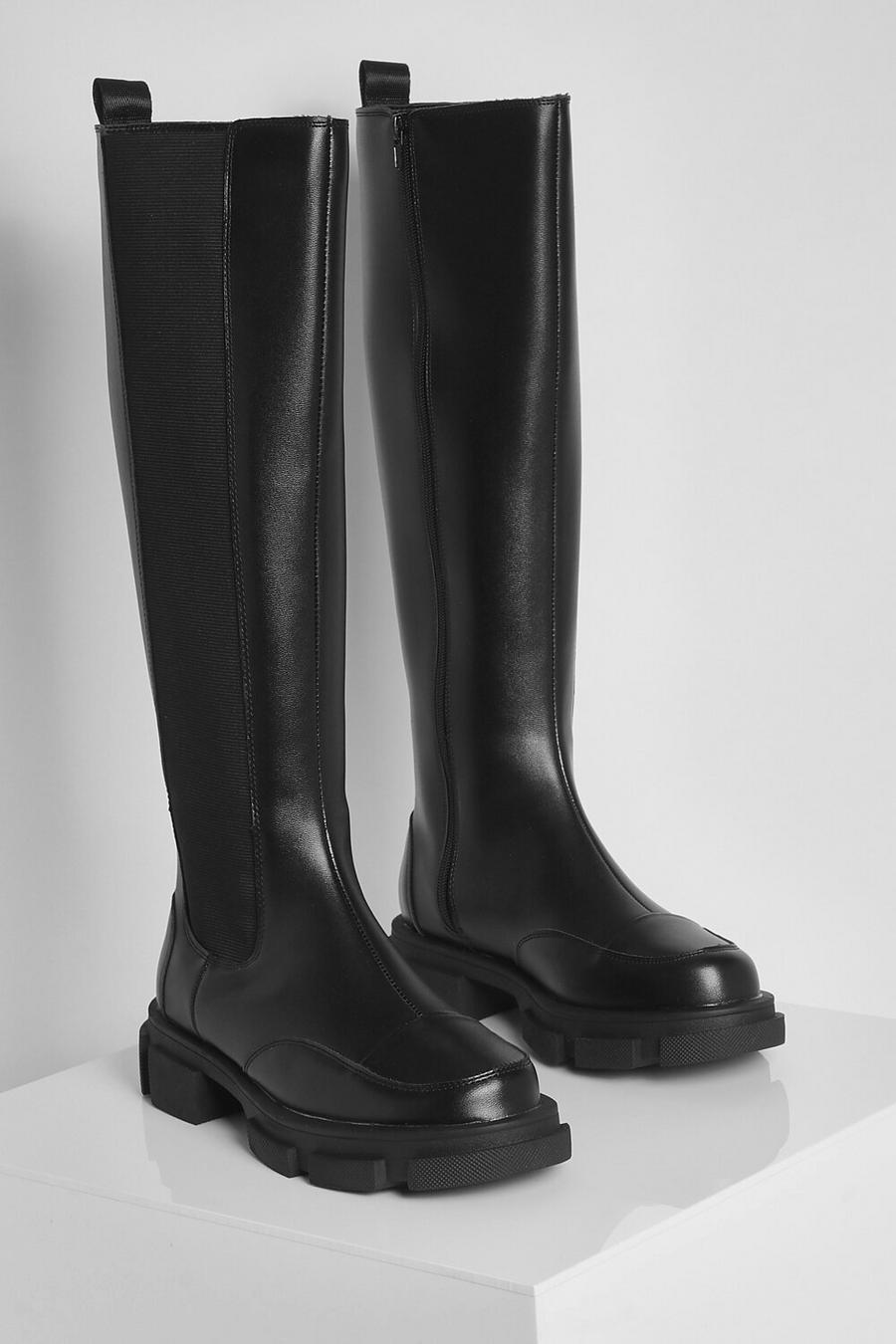 Wide Fit Chunky Knee High Chelsea Boots | Boohoo UK