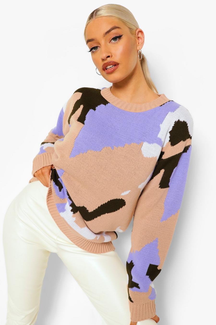 Khaki Kamouflagemönstrad stickad tröja med blockfärger image number 1