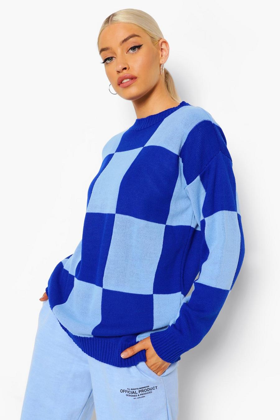 Cobalt Rutig stickad tröja med blockfärger image number 1