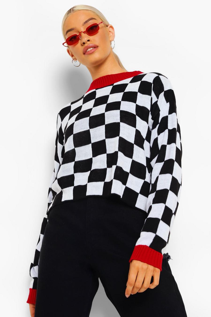 Black Moto Check Cropped Sweater image number 1