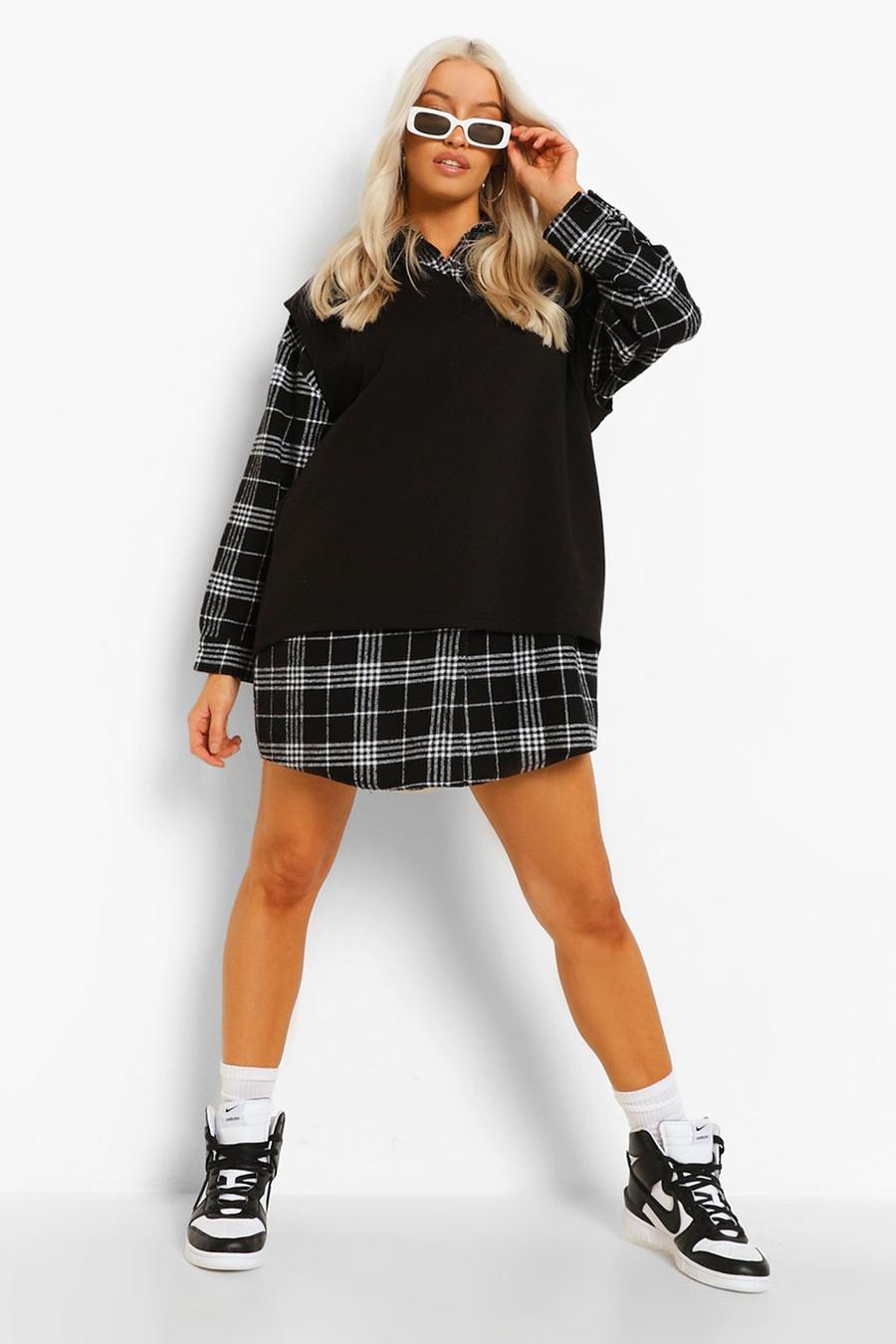 Black 2 In 1 Check Shirt Dress And Sweatshirt image number 1