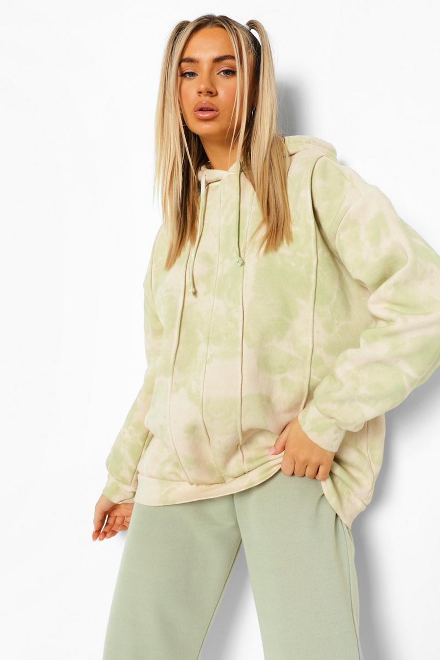 Sage Oversize hoodie med batikmönster och dekorativa sömmar image number 1