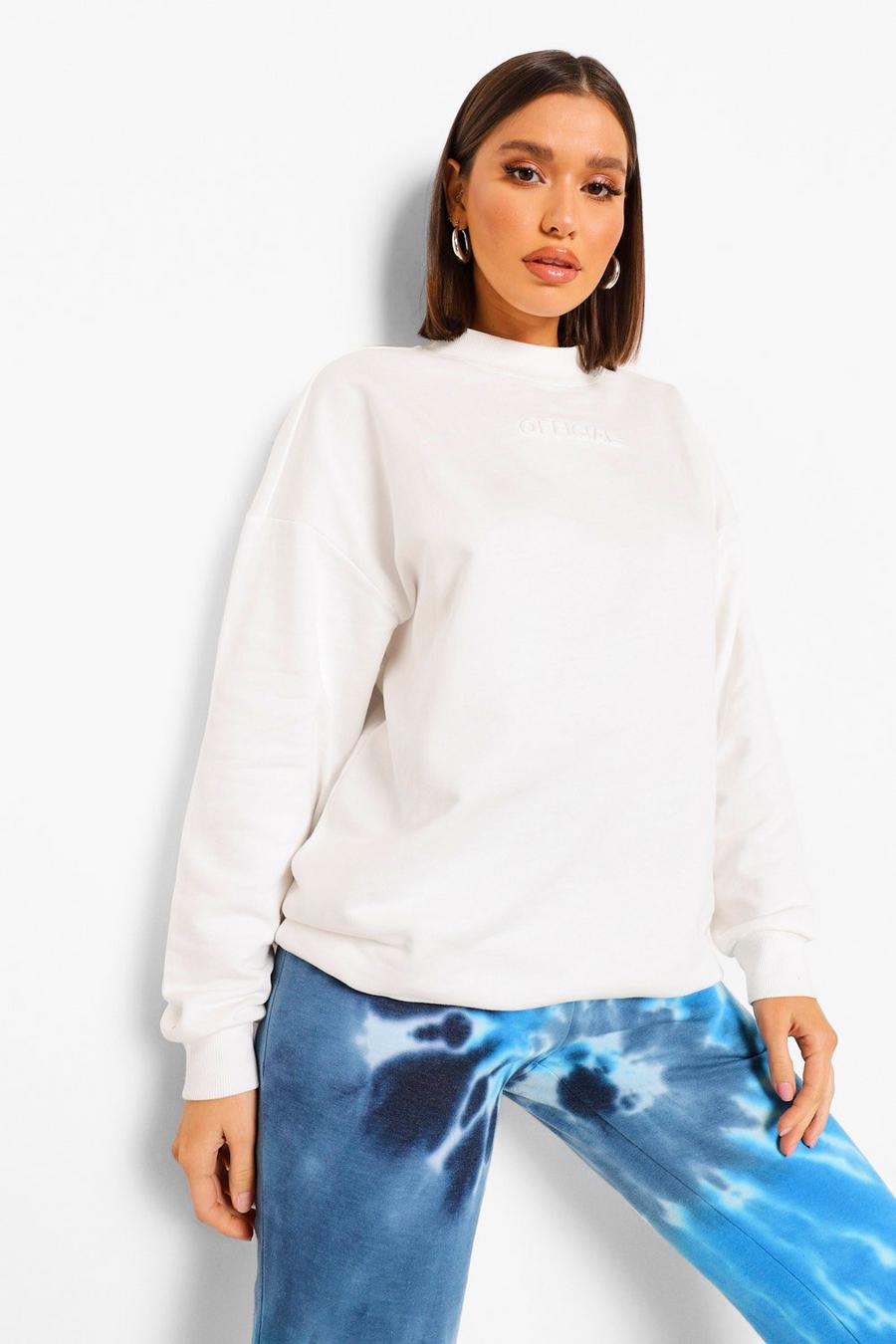 Ecru Oversized Embossed Official Crew Neck Sweater image number 1