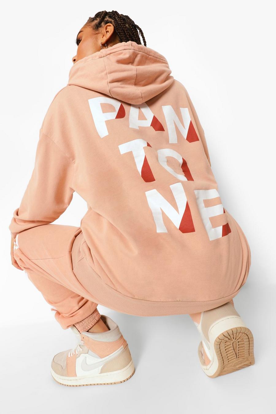 Camel Pantone Stentvättad hoodie med tryck fram och bak image number 1