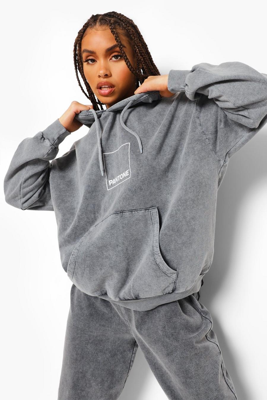Grey Pantone Stentvättad hoodie med tryck fram och bak image number 1