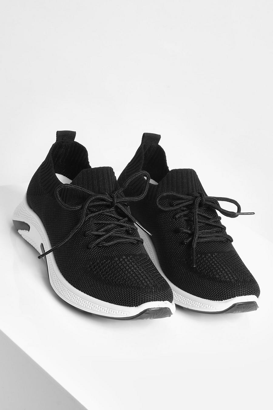 Black Wide Fit Basic Knitted Sports Trainers image number 1