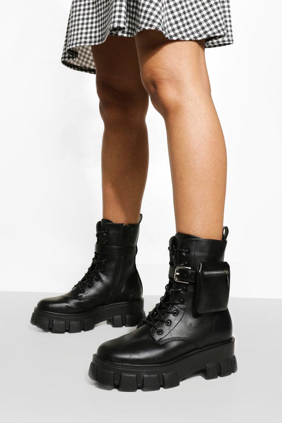 Black Pouch Detail Chunky Sole Combat Boots image number 1