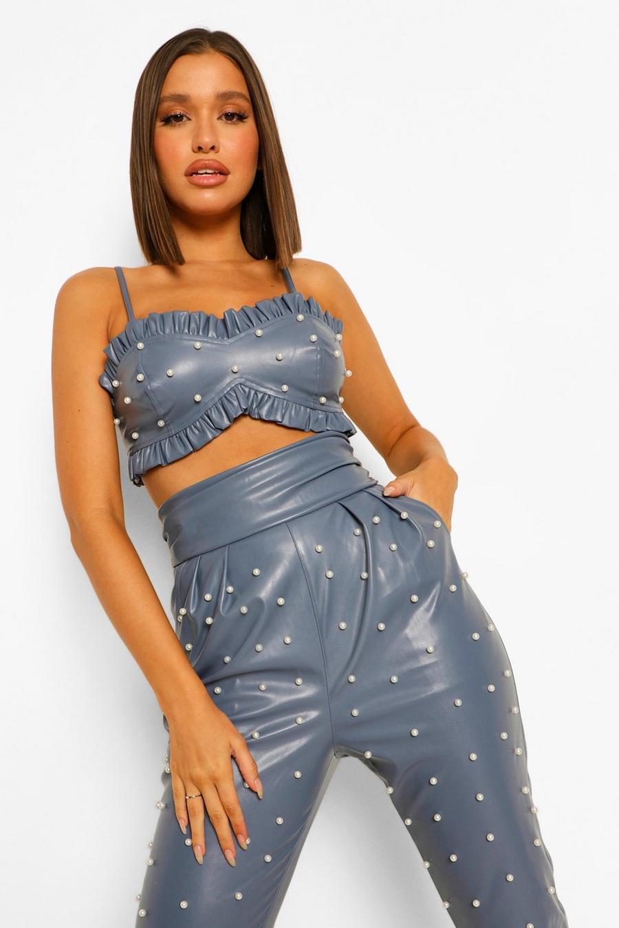 Dusty blue Pu Pearl Embellished Crop Top image number 1