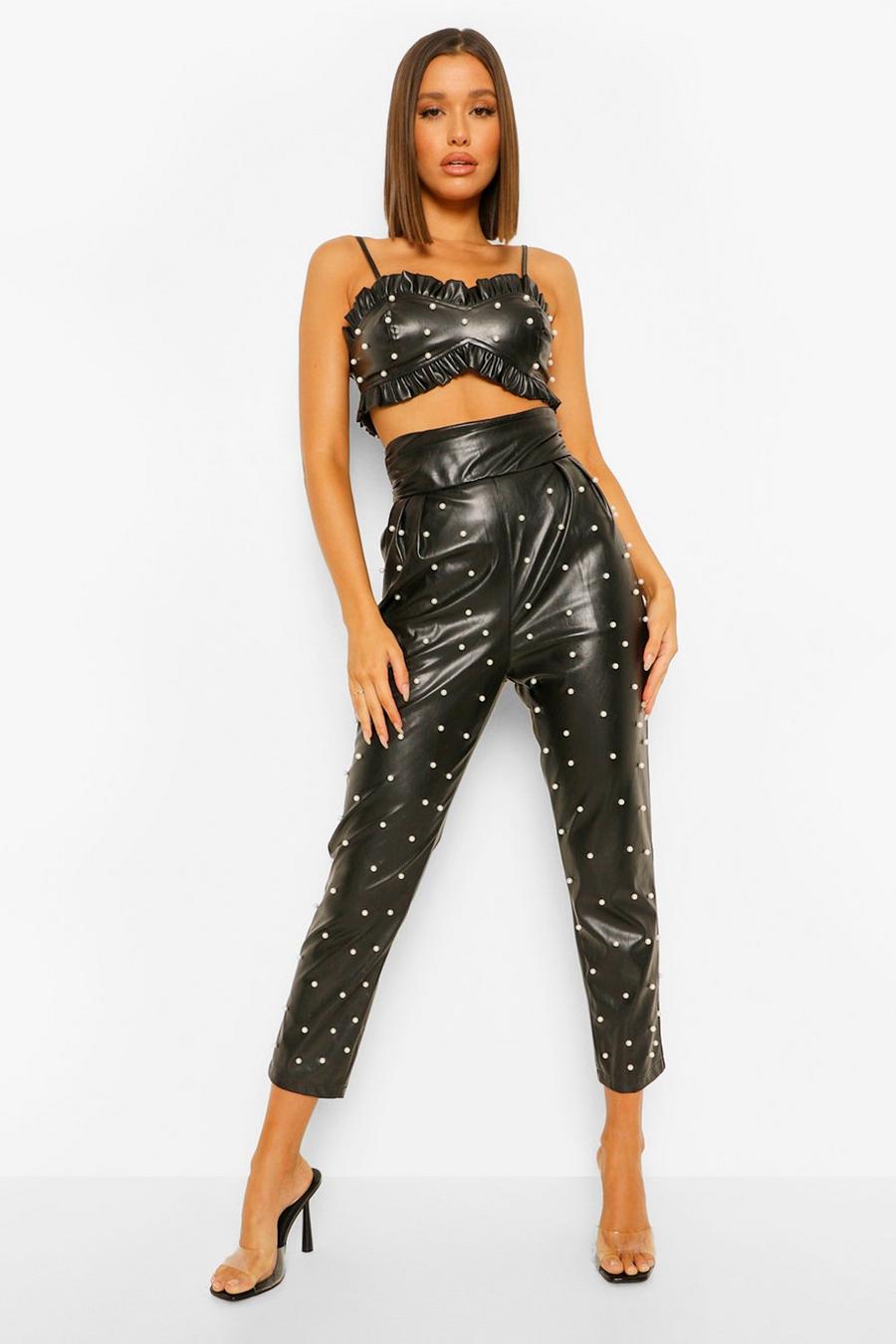 Black Pu Pearl Embellished Trousers image number 1