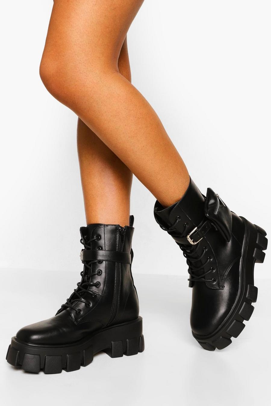 Black Wide Width Pouch Detail Chunky Sole Combat Boots image number 1