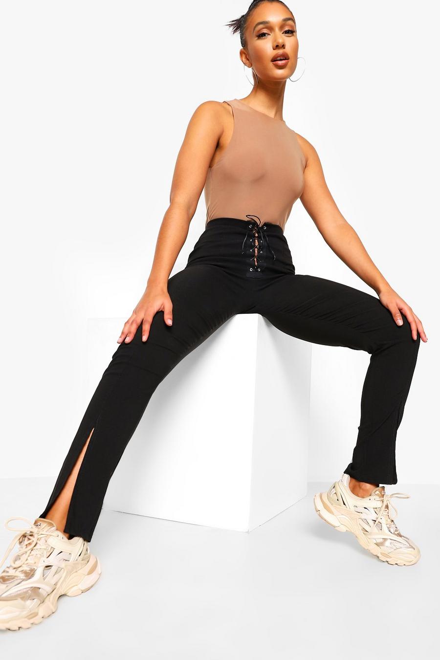 Black Stretch Lace Up Split Hem Trousers image number 1