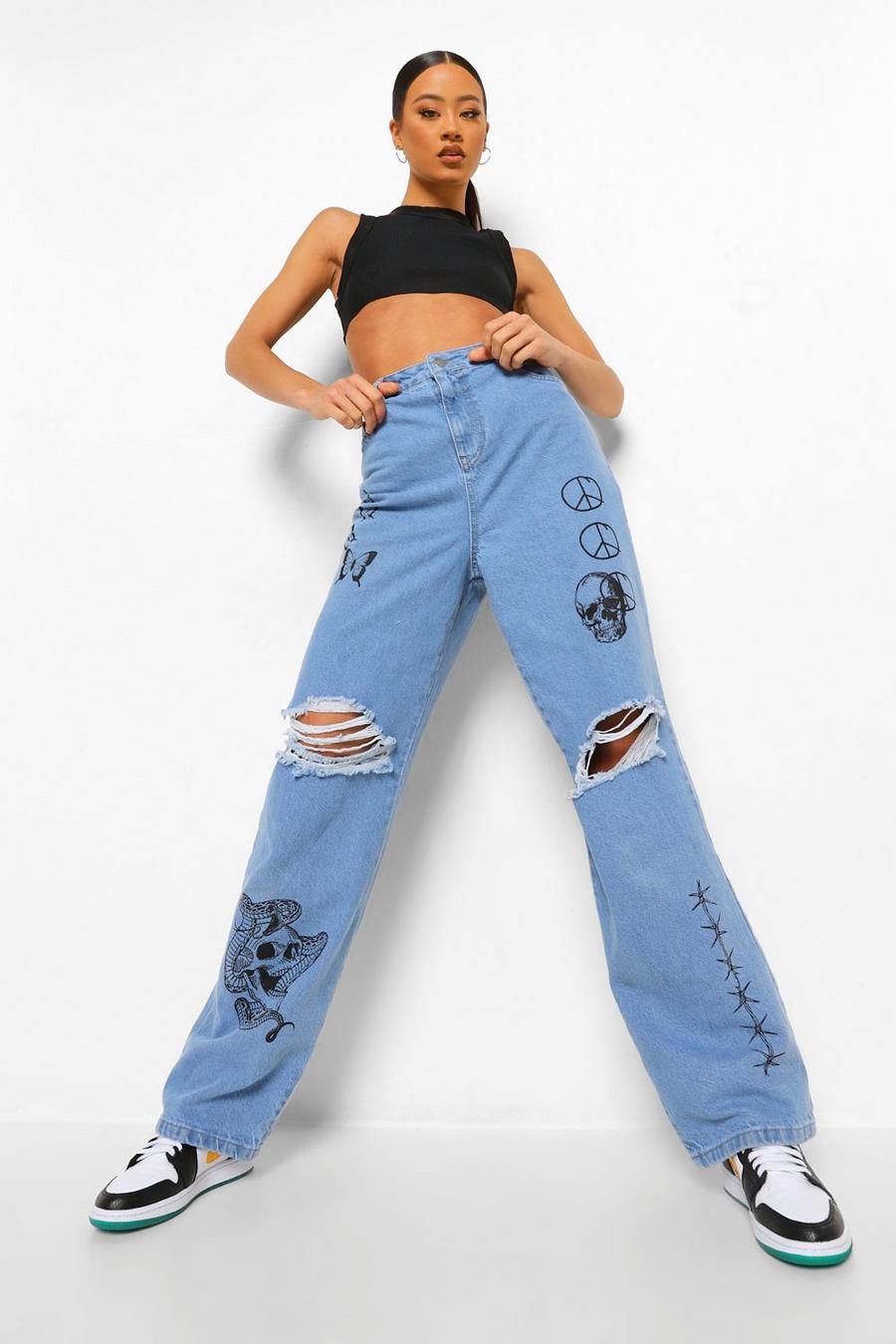 Mom-Jeans mit All Over-Graffiti-Print, Gebleichte waschung image number 1
