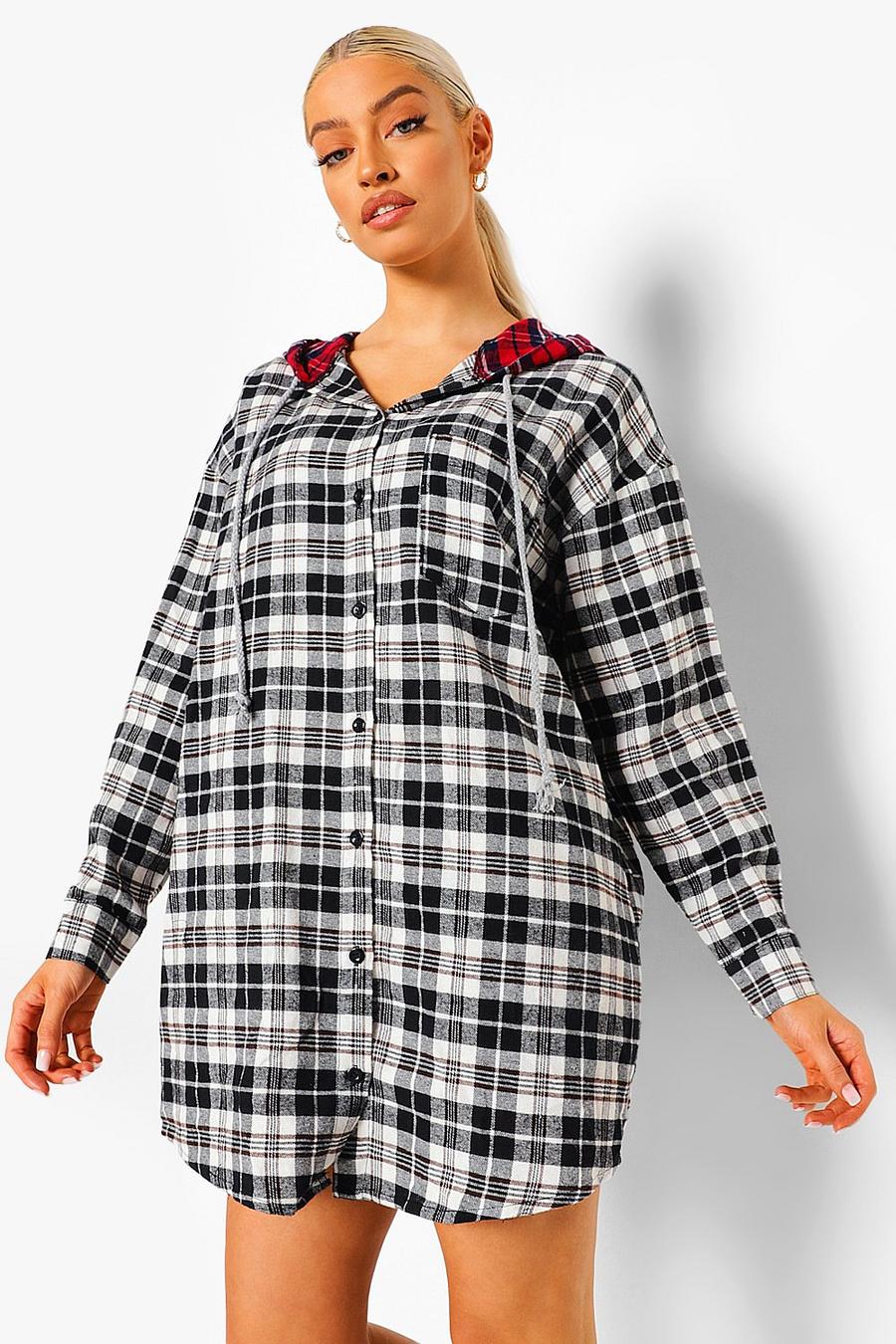 Flannel Oversized Contrast Hood Shirt Dress image number 1