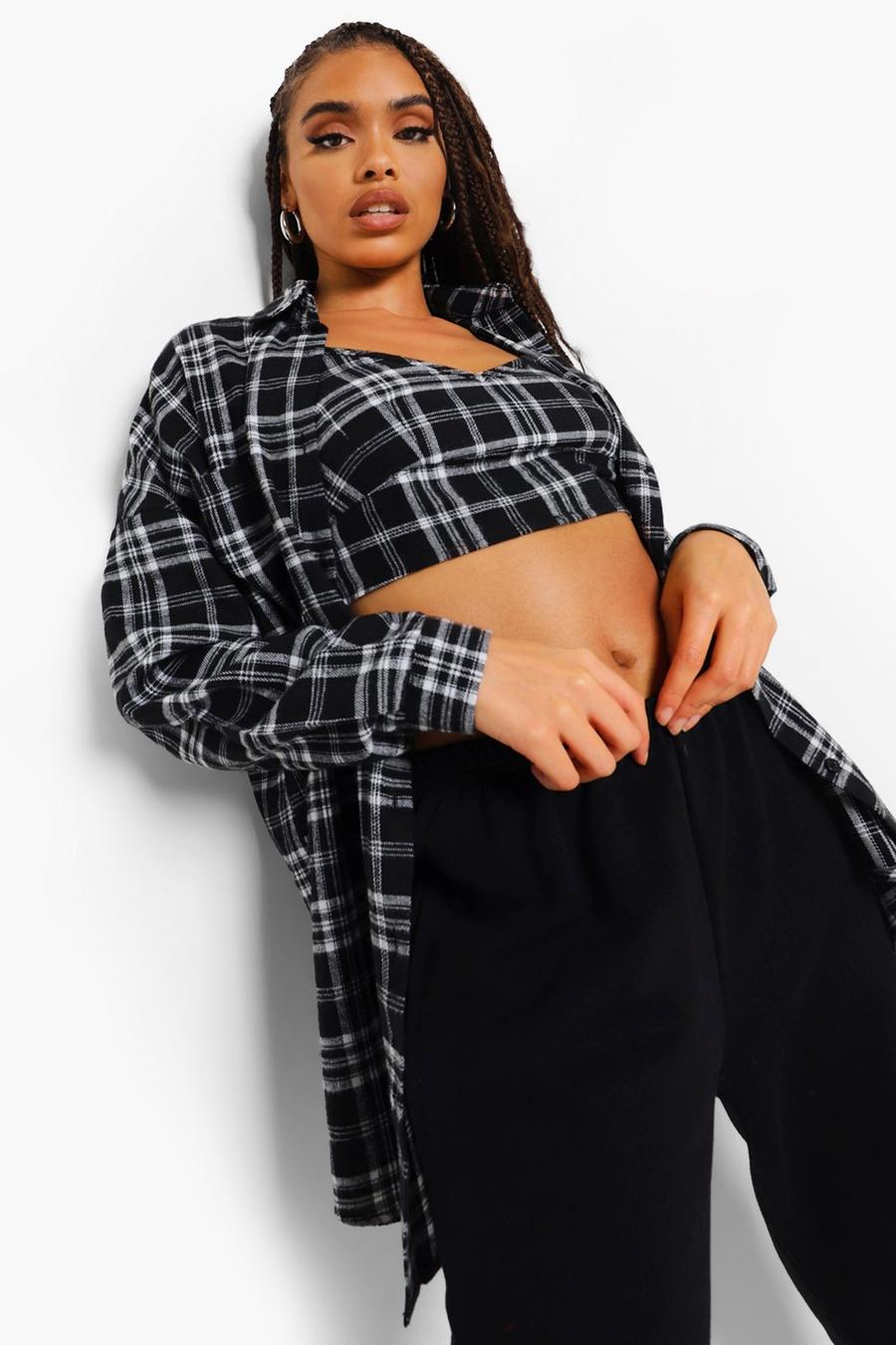 Black Mono Flannel Bralet And Flannel Shirt Set image number 1
