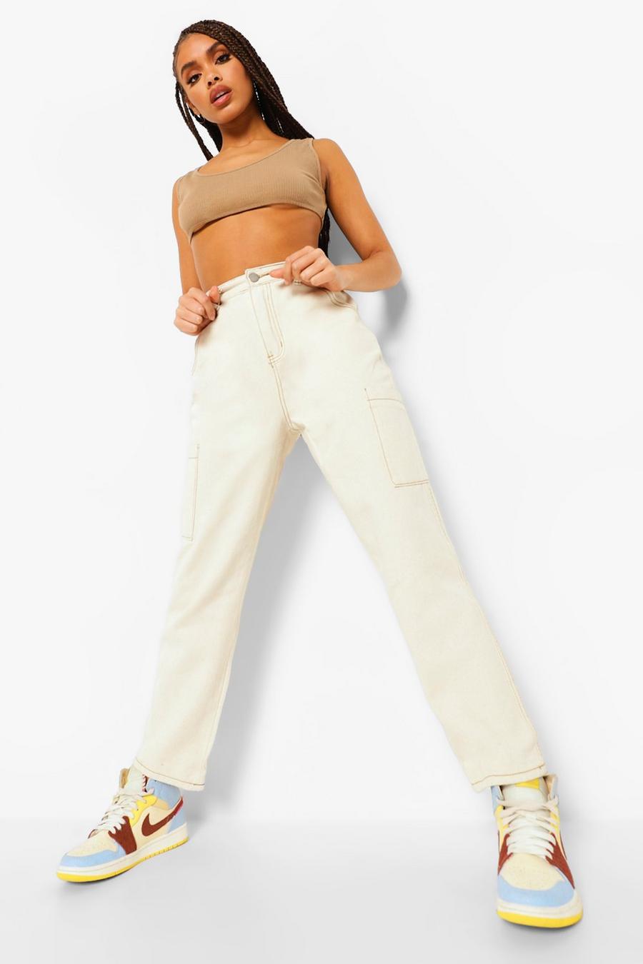 Straight Leg Jeans mit Kontrastnähten, Naturfarben image number 1