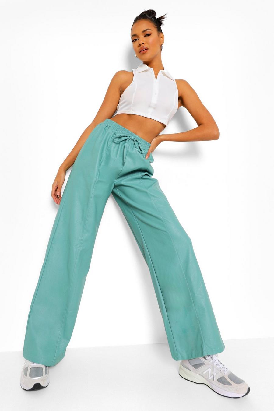 Turquoise Black Wide Leg Pu Piping Detail Luxe Jogger image number 1
