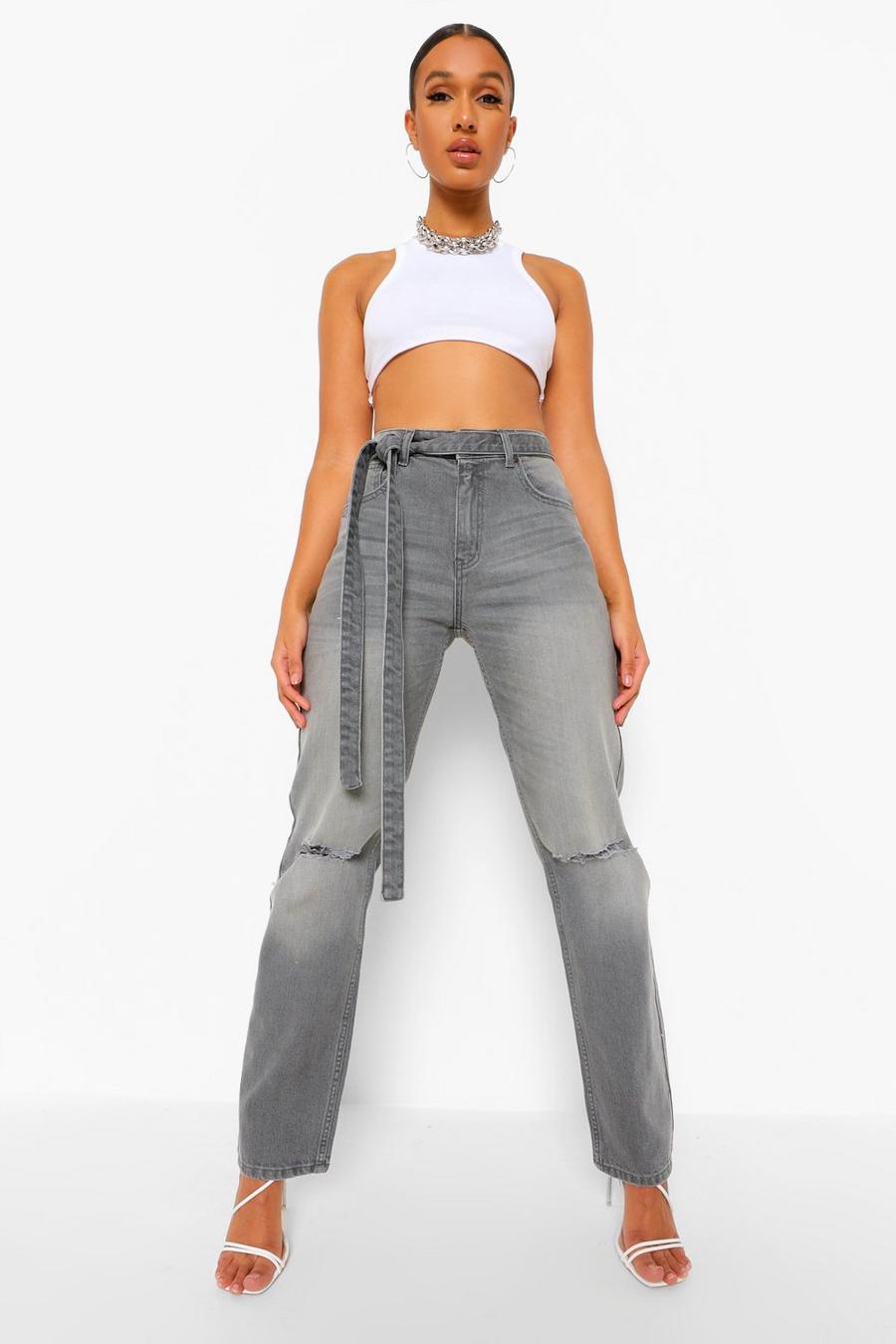 Charcoal Mid Rise Busted Knee Boyfriend Jeans With Belt image number 1