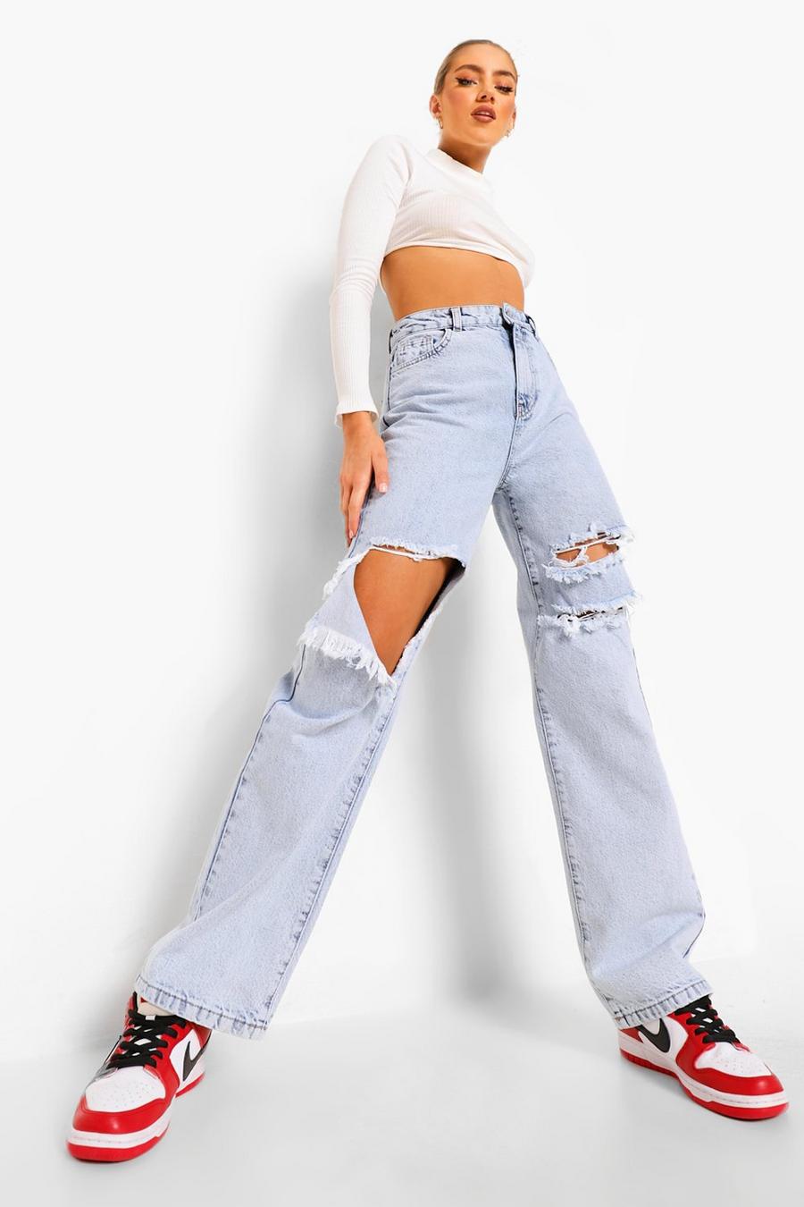 Bleach wash High Waisted Ripped Boyfriend Jeans image number 1