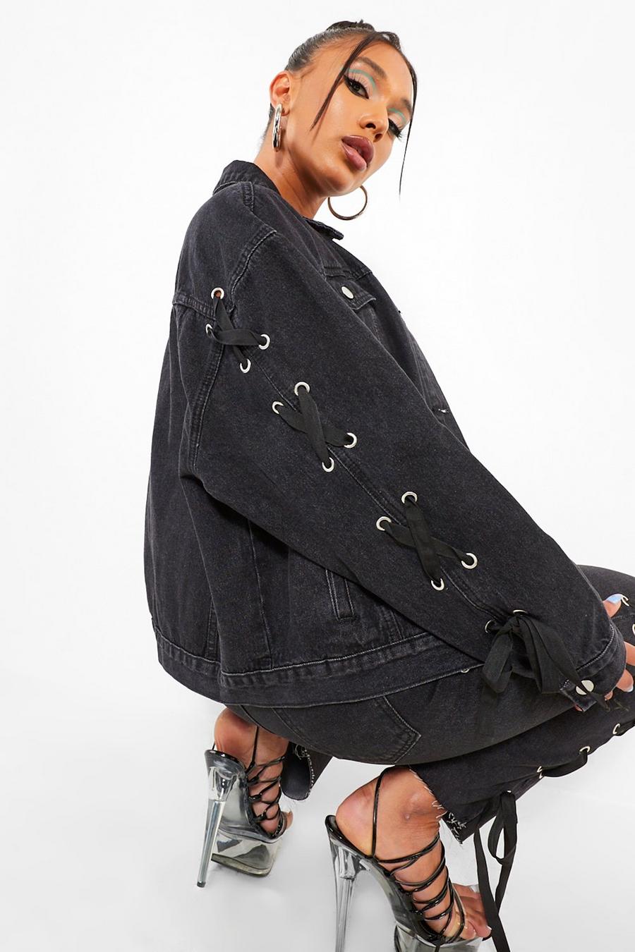 Washed black Lace Up Sleeve Detail Oversized Denim Jacket image number 1