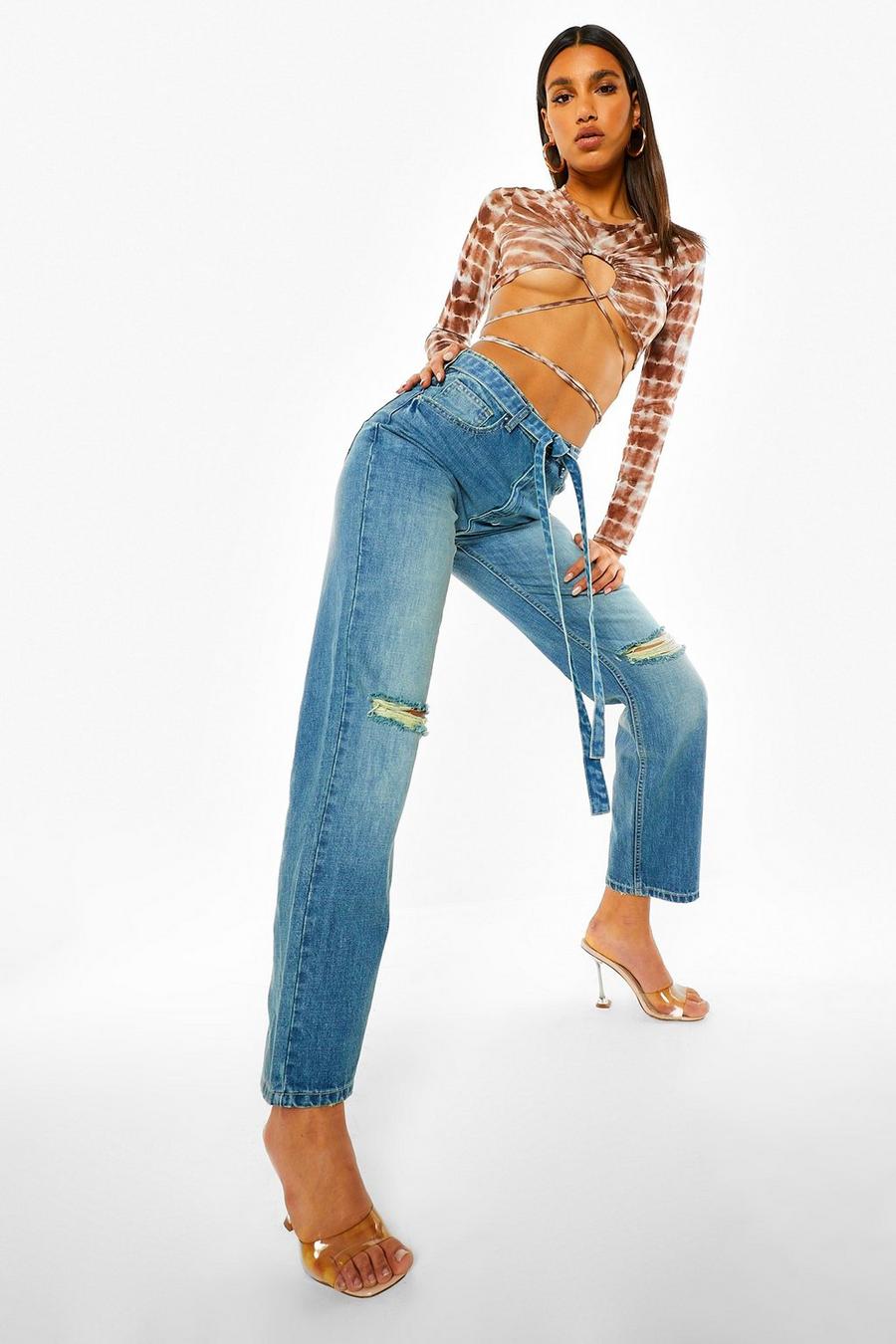Light blue Mid Rise Busted Knee Boyfriend Jeans With Belt image number 1