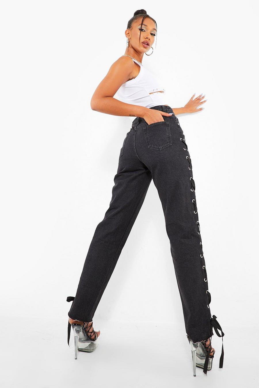 שחור דהוי  ג'ינס בגזרה ישרה עם שרוכים וגימור פרום image number 1