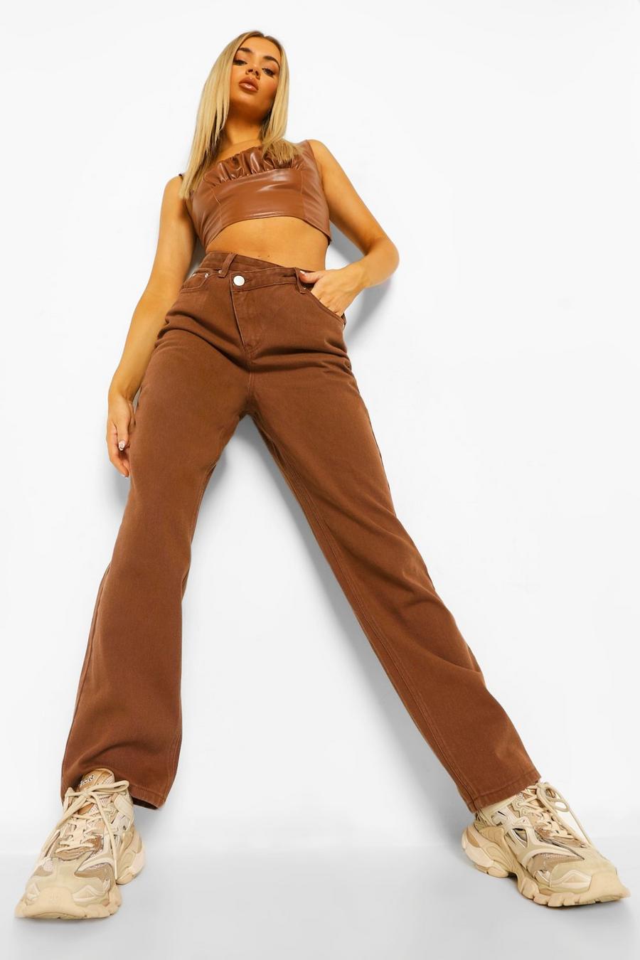 Choc brown Jeans med raka ben och asymmetriskt midjeband image number 1