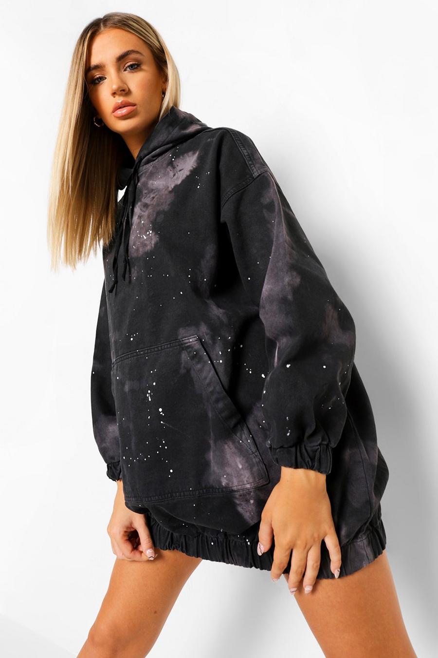 Robe tie-dye à capuche en jean imprimé tâches de peinture, Black image number 1