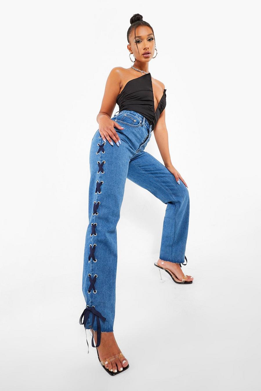 Mid blue Lace Up Raw Hem Straight Leg Jeans image number 1