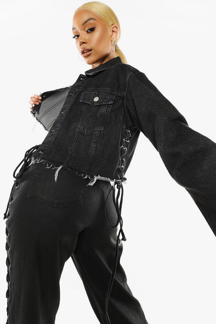 Jeansjacke mit Schnürung und Batik-Optik , Verwaschenes schwarz image number 1