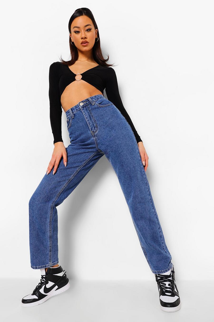 Mid blue Straight Leg Bum Rip Jeans With Print image number 1