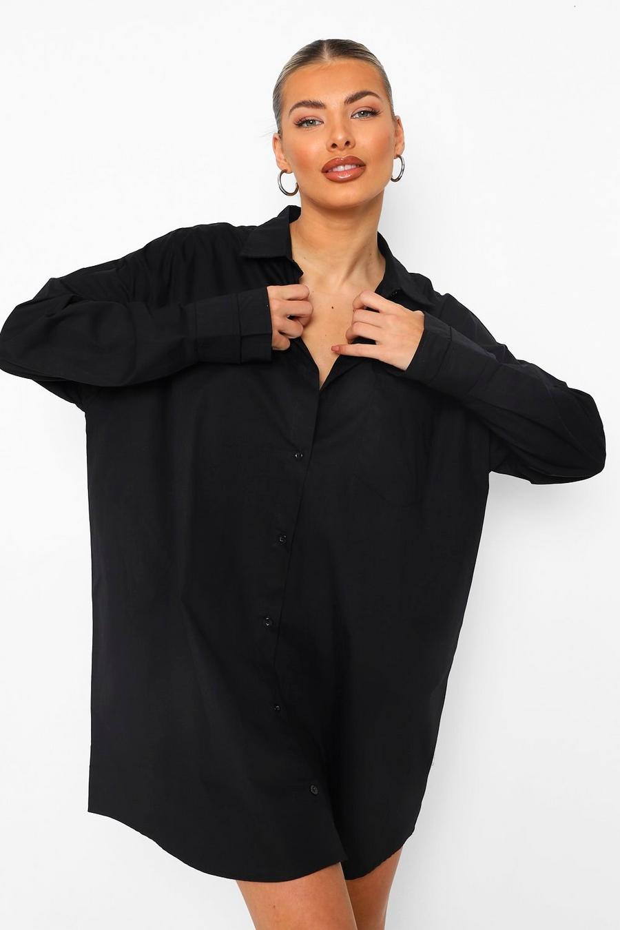Black Cotton Double Cuff Oversized Shirt Dress image number 1