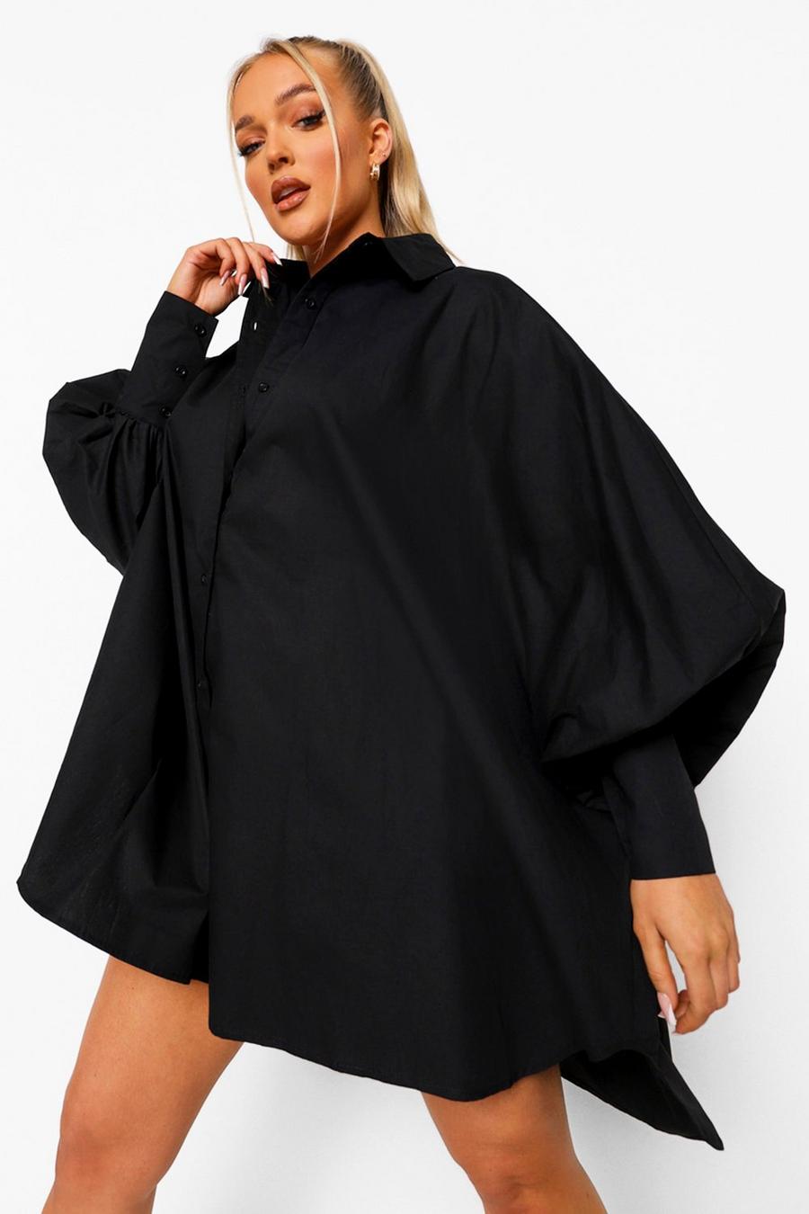 שחור שמלת חולצה אוברסייז עם שרוולי בלון בסגנון עטלף image number 1