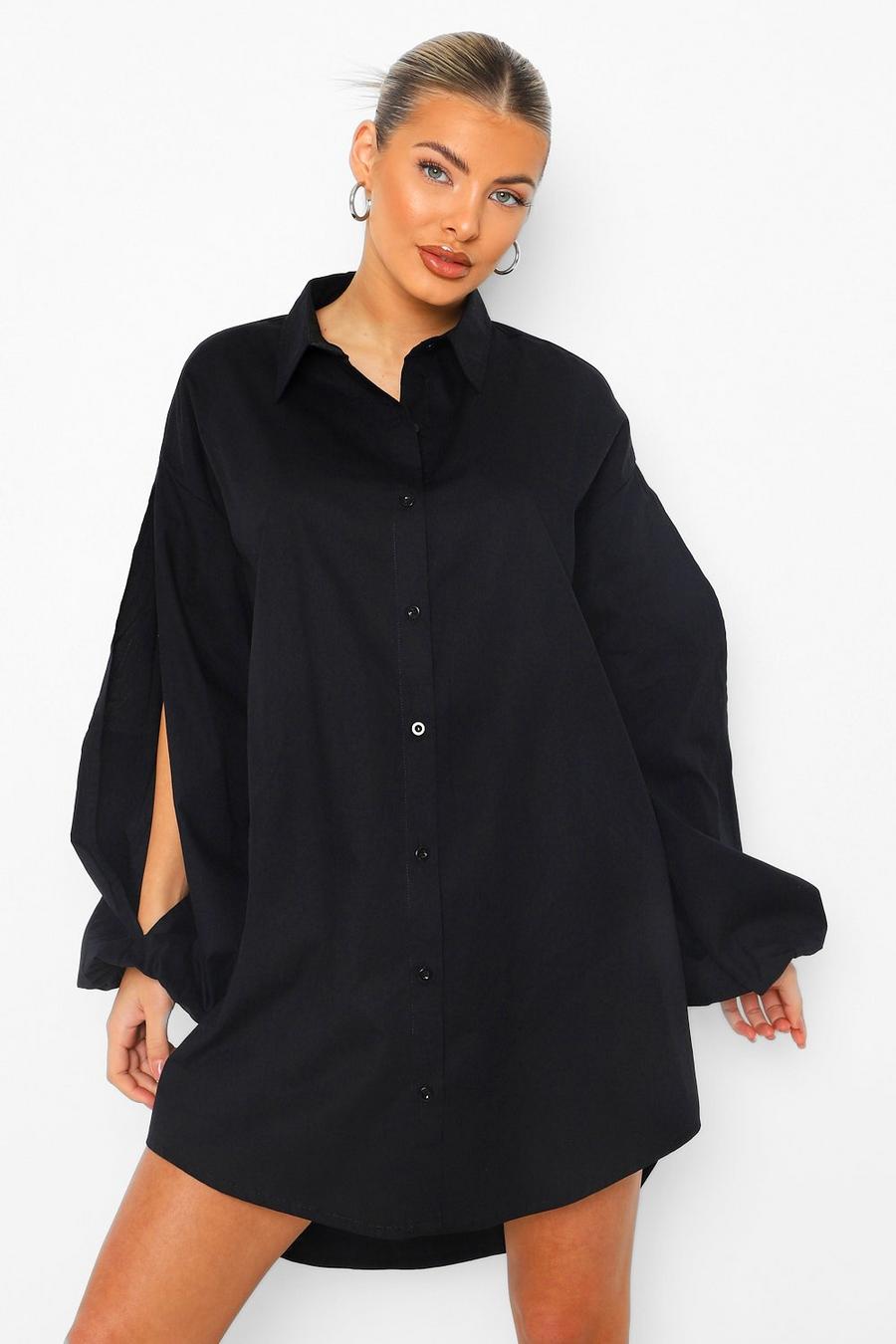 שחור שמלת חולצה עם חולצה עליונה עם שרוולי בלון עם שסע image number 1