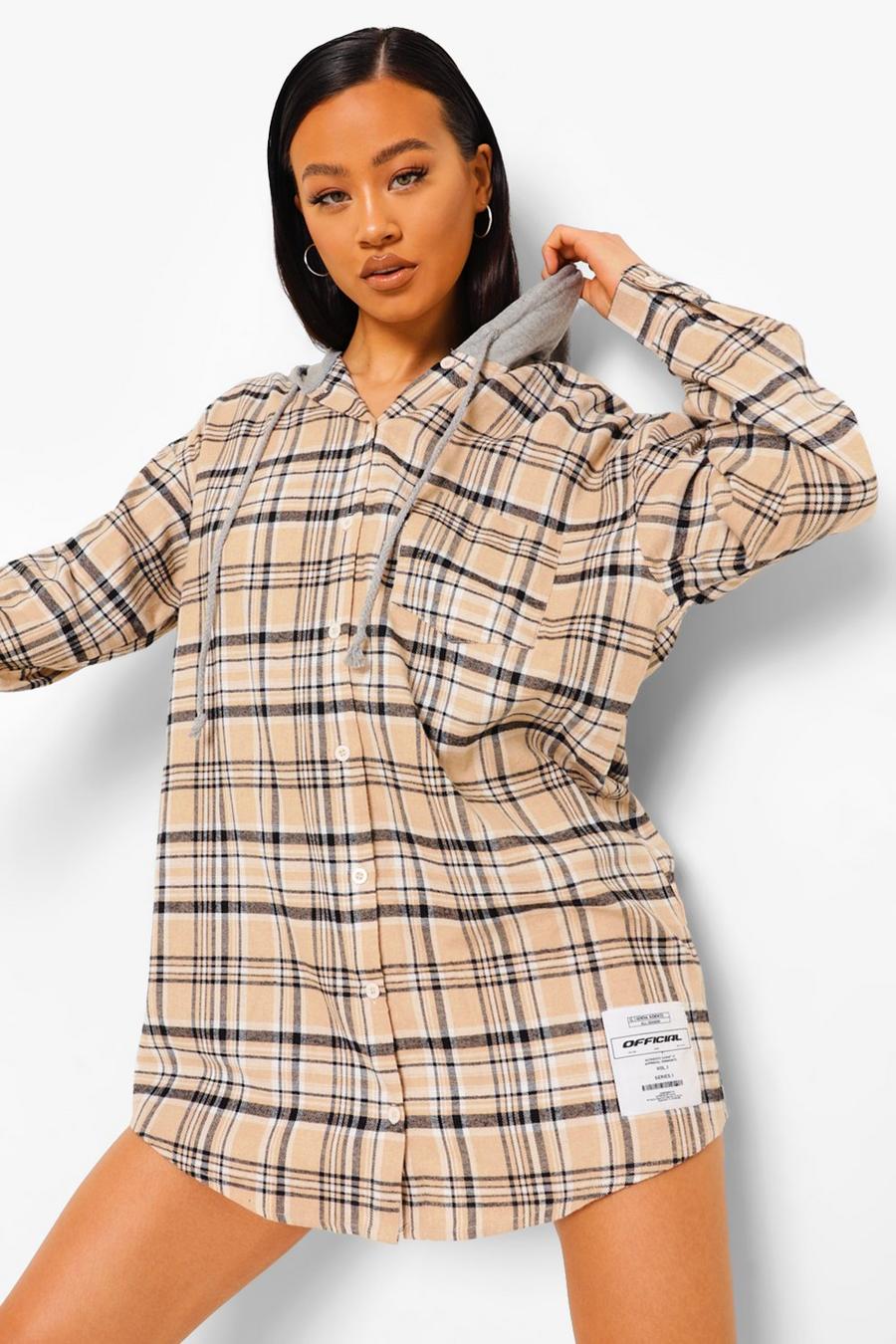 Stone Patch Print Oversized Hooded Check Shirt Dress image number 1