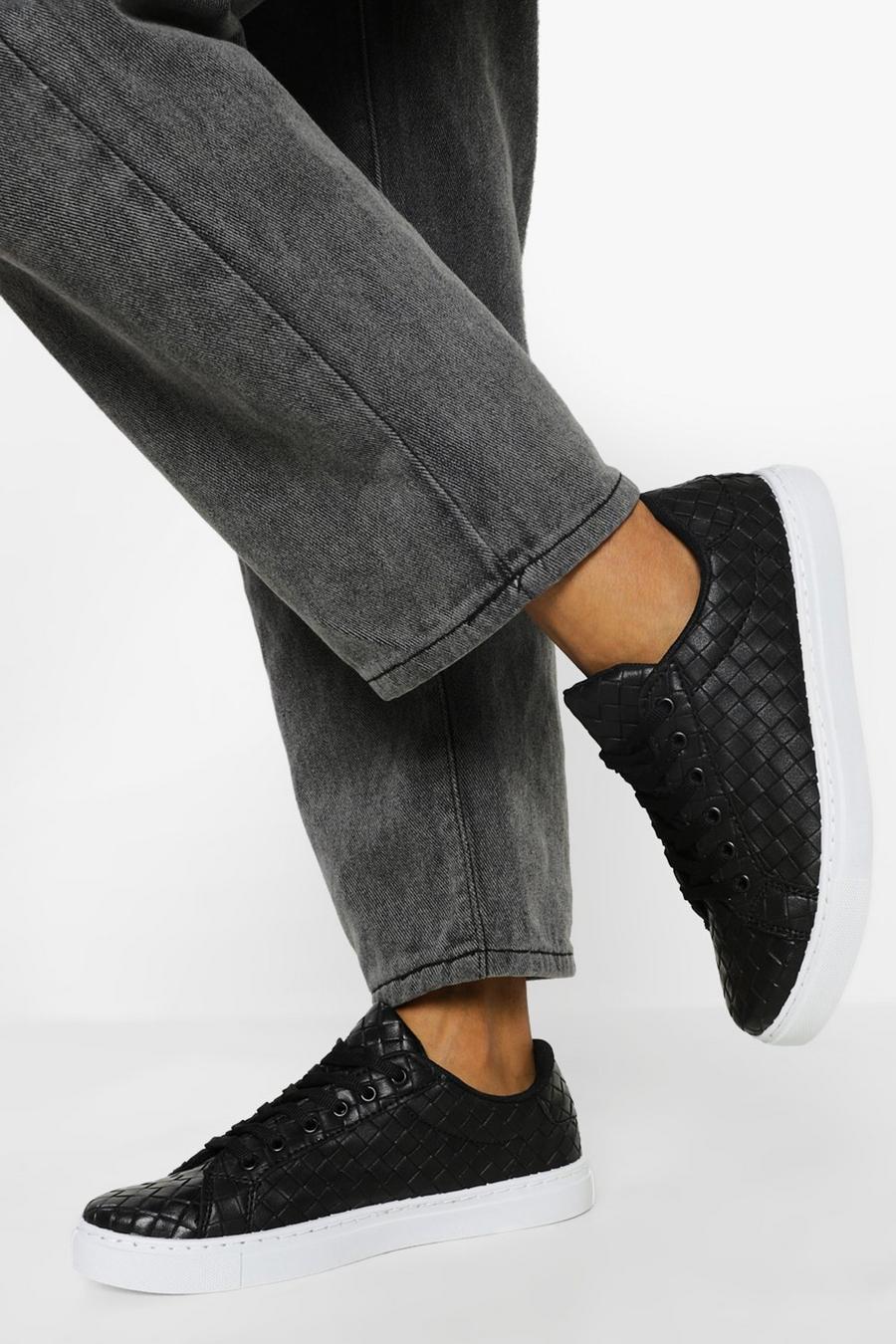 Black Woven Basic Lace Up Flat Sneakers image number 1
