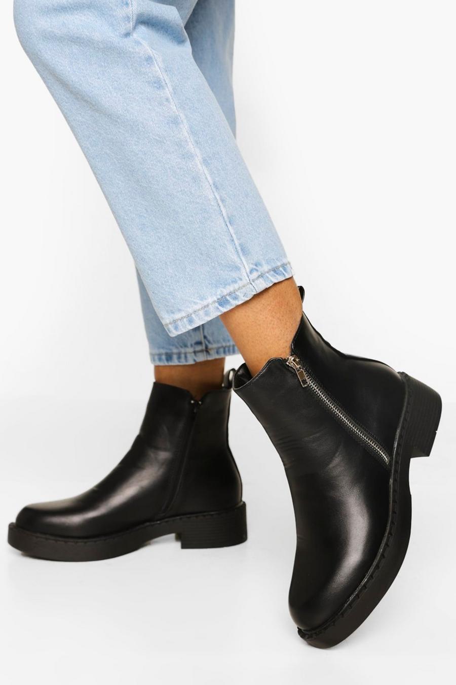 Black Zip Detail Chunky Chelsea Boots