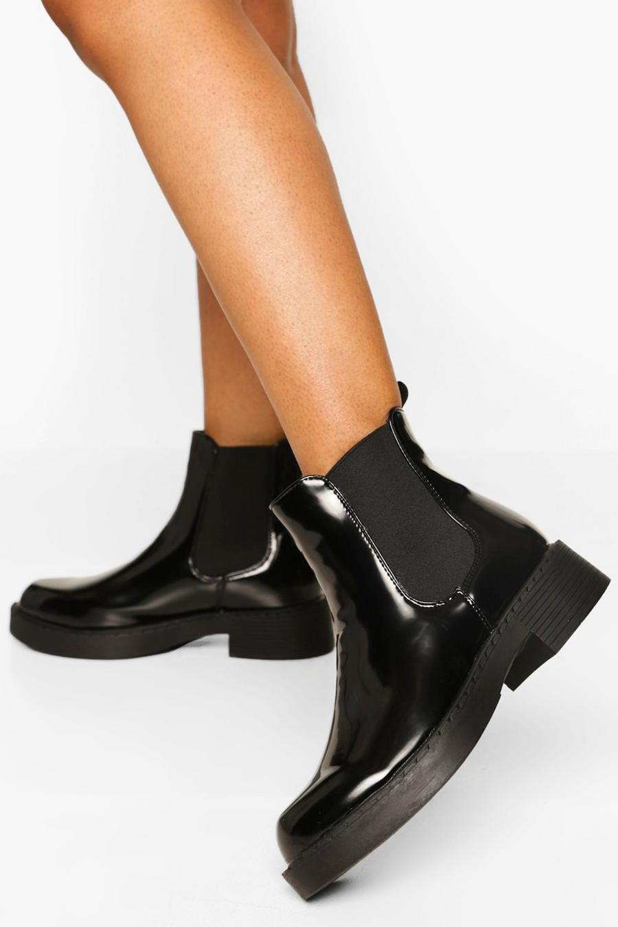 Black svart Patent Pull On Chunky Chelsea Boots