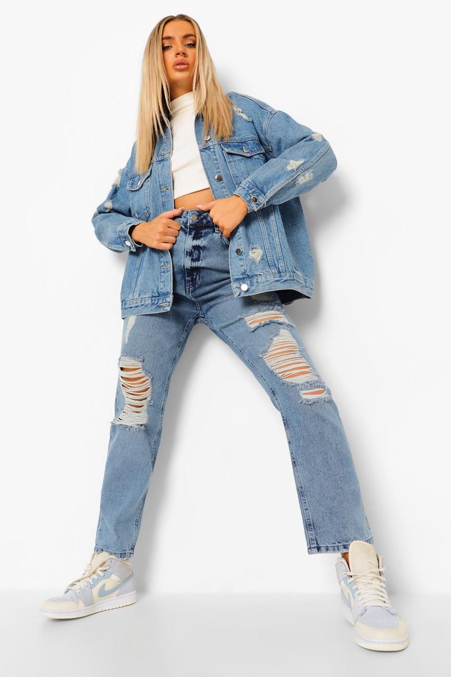 Blue Distressed Oversized Boyfriend Fit Jeans image number 1