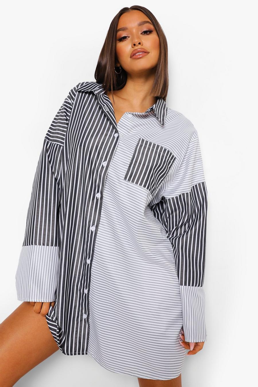 Black Mixed Stripe Oversized Shirt Dress image number 1
