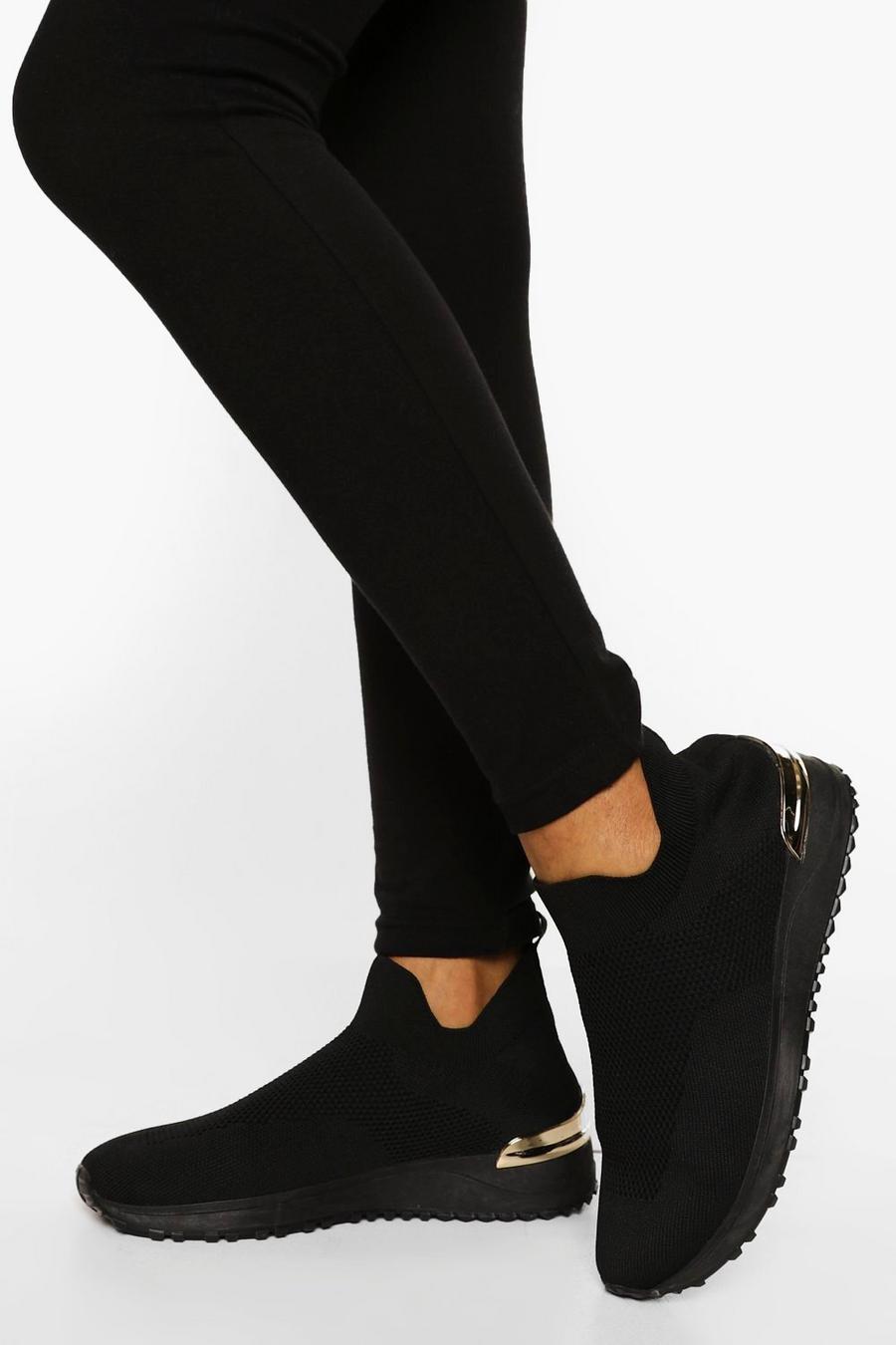 Zapatillas deportivas estilo calcetín al tobillo de tela con franja metálica, Black image number 1