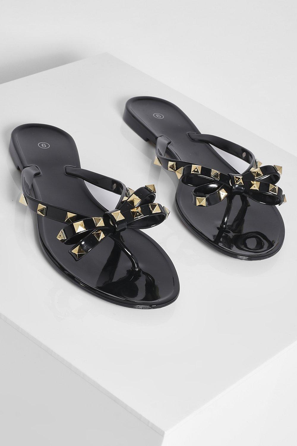 Women's Jelly Flowers Bow Black Wedge, Flip-Flops