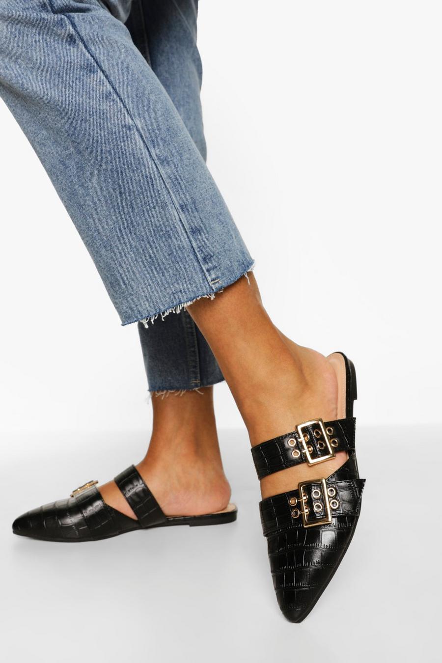 Black Double Buckle Detail Croc Loafers image number 1