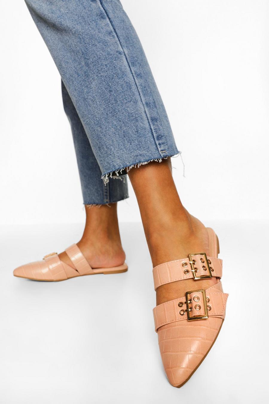 Nude Double Buckle Detail Croc Loafers image number 1