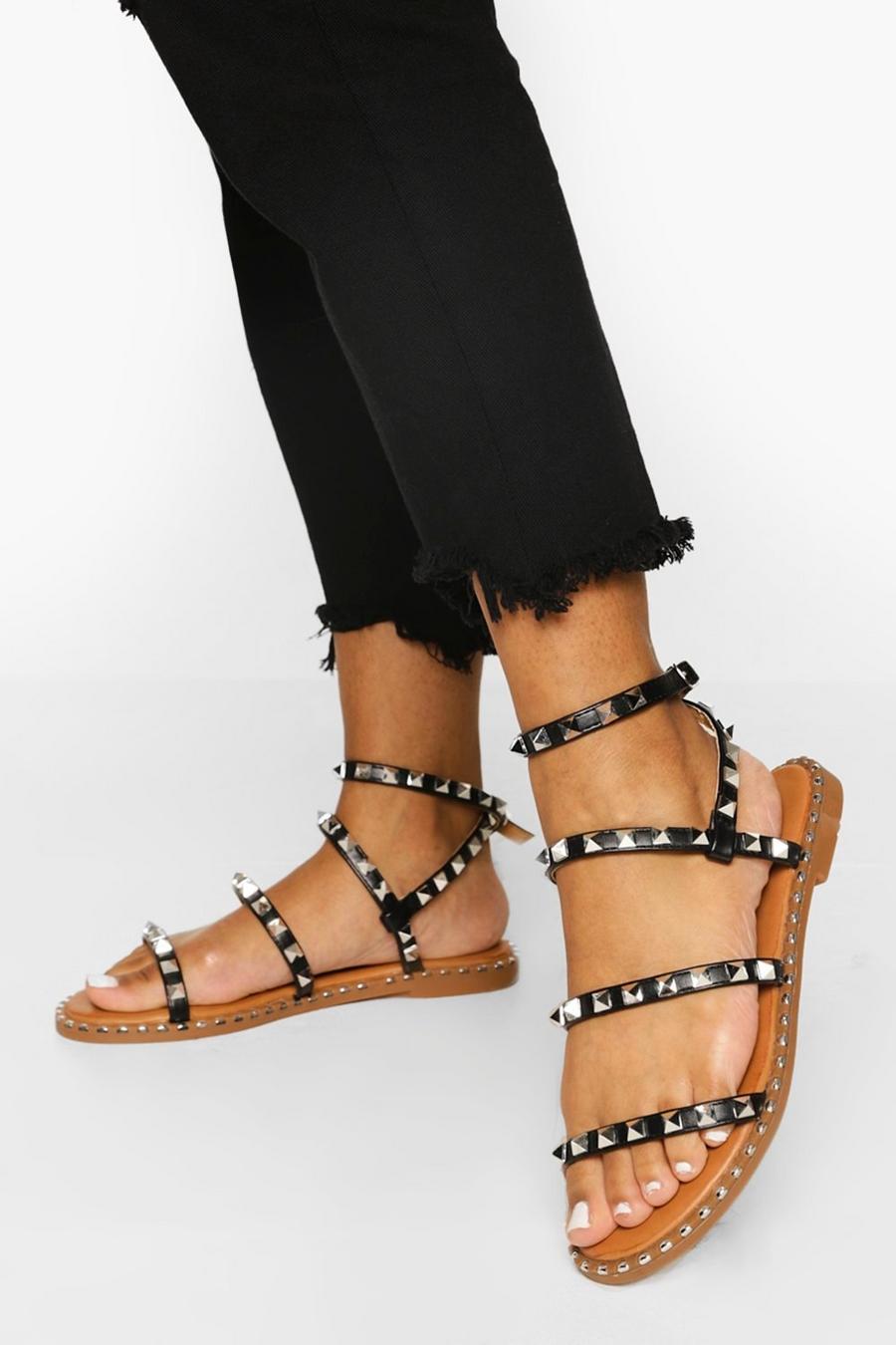Black Studded Triple Strap Sandals image number 1
