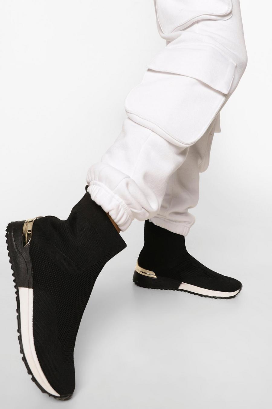 Zapatillas deportivas estilo calcetín de punto con adorno metálico, Negro image number 1