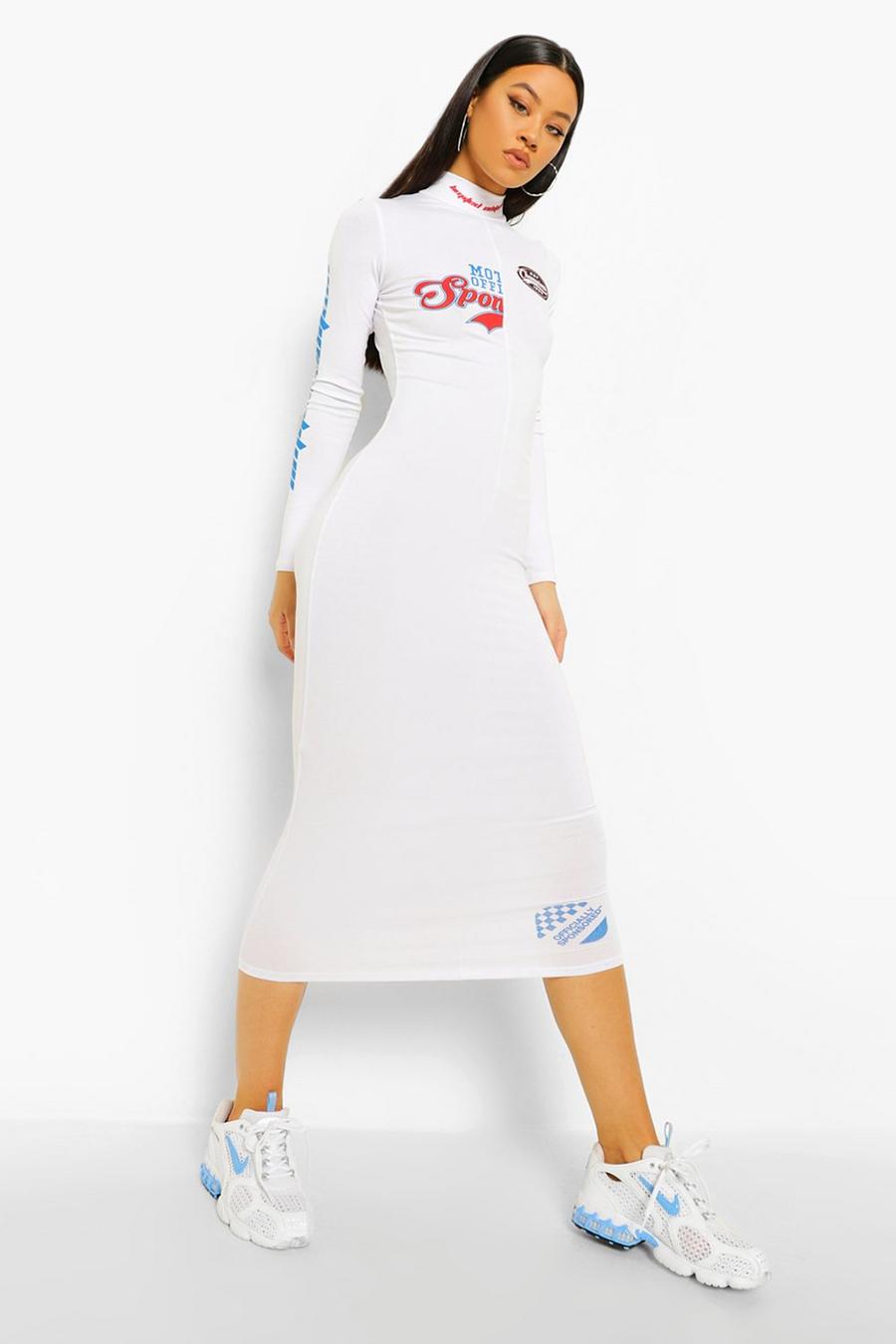 לבן שמלת מידקסי עם צווארון גבוה ופאנלים image number 1