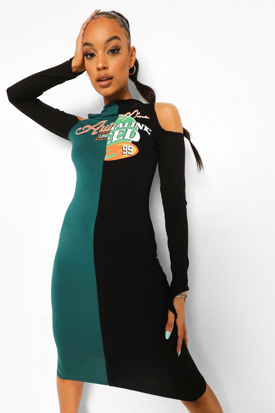 Green Printed Spliced Cold Shoulder Midi Dress image number 1