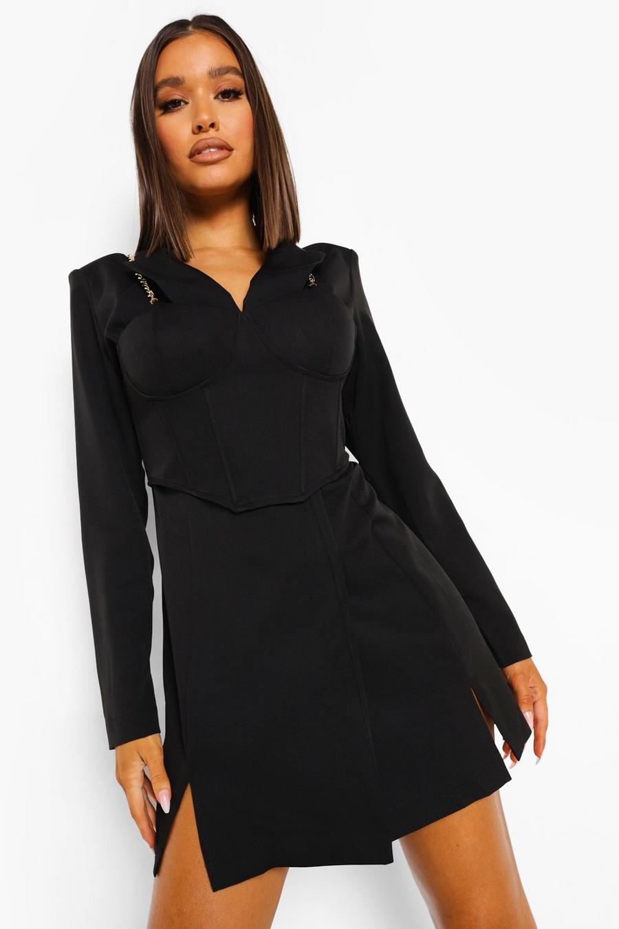 Black Corset Detail Chain Strap Blazer Dress image number 1